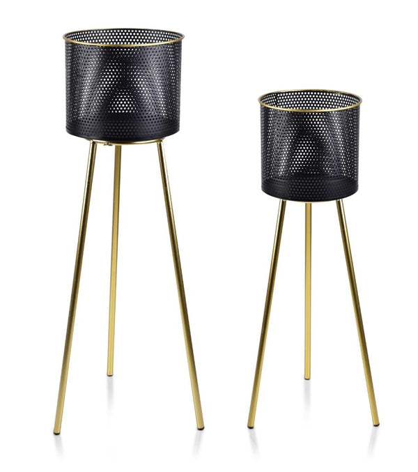 Modern Black Metal Plant Pot, Set of 2 Planters, Gold Tripod Stand, Indoor Outdoor Gift Decor for Home or Office-Sona Casa