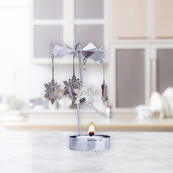 Silver Small 6" Metal Candle Holder with 1 Tealight Candle, Spinning Top, Diwali Gifts, Desk Altar Living Room Decor by Sona Casa