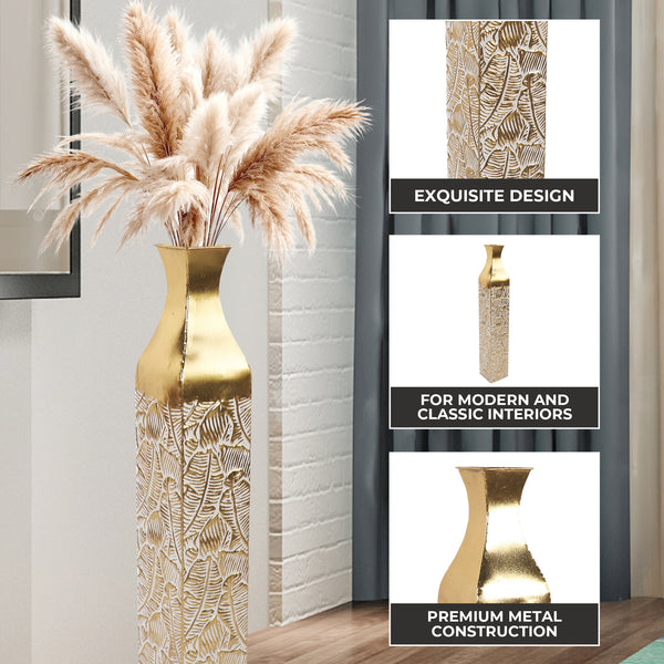 Modern Decorative Metal Tall Vase, Rustic Weathered Finish, Handmade Gold Living Room Decor, 35" Pots for Pampas Grass-Sona Casa