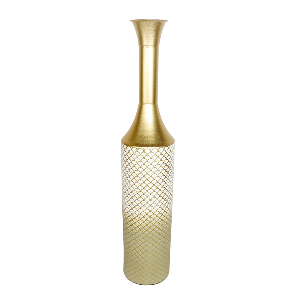 Modern Tall Floor Vase, Handmade Indoor Decor Metal 41" Gold Beige White by Sona Casa