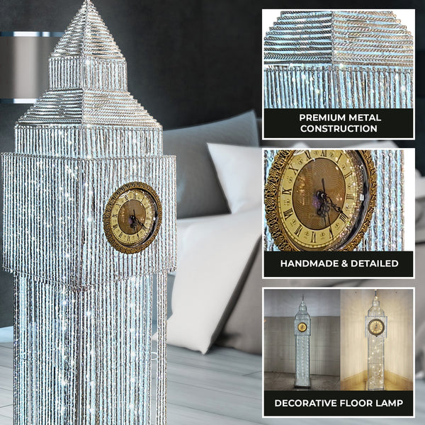 Tall Floor Lamp 60" Big Ben London White LED Light with Built-in Analog Clock Handmade Metal Standing Lamp by Sona Casa
