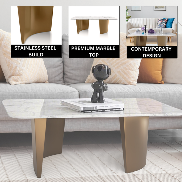 Modern 47" Rectangular Coffee Table, White Marble Surface, Metal Gold Frame, Home Decor by Sona Casa