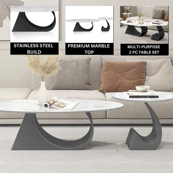 Modern Designer Oval Coffee Table Set 47" and 20" White Marble Top, Metal Matte Black Frame by Sona Casa