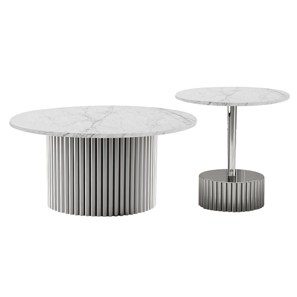 Modern Round Coffee Table Set 35" and 20" White Marble Top, Metal Silver Frame, Centerpiece by Sona Casa