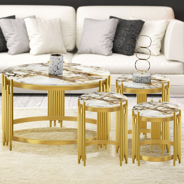 Round Coffee Table Set of 4 Centerpiece, 35" 18" 16" 14" Marble Top, Metal Gold Frame, Home Decor by Sona Casa