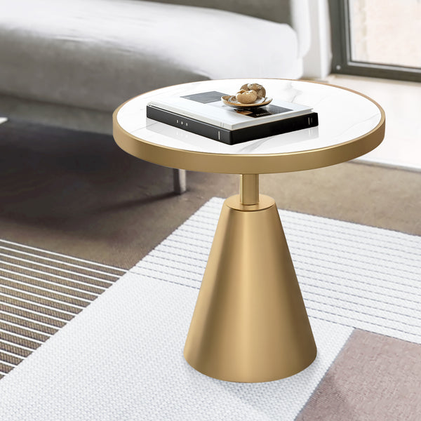 Modern Round Corner End Table, 16" Home Decor Accent, White Marble, Gold Metal Base by Sona Casa