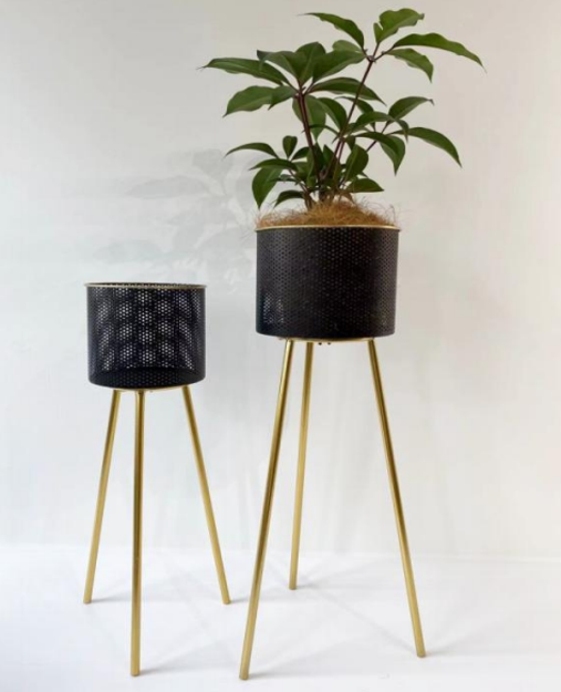 Modern Black Metal Plant Pot, Set of 2 Planters, Gold Tripod Stand, Indoor Outdoor Gift Decor for Home or Office-Sona Casa