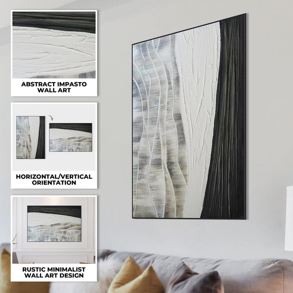 Gray Black Abstract Textured Impasto Painting, 47" Framed Wall Art Decor by Sona Casa