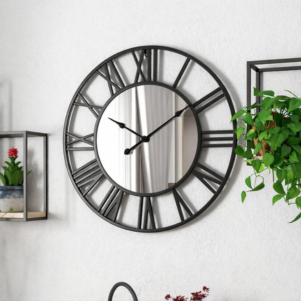 Large Black Wall Clock with Mirror, 24" Silent Roman Clock, Heavy Metal, Living Room Wall Decor-Sona Casa