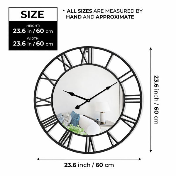 Large Black Wall Clock with Mirror, 24" Silent Roman Clock, Heavy Metal, Living Room Wall Decor-Sona Casa