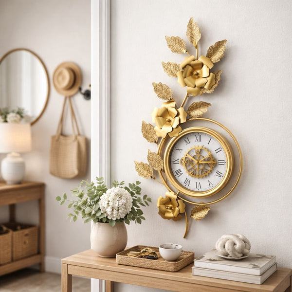 Large Gold Metal Wall Clock, Floral Botanical Silent Clock, 42 inch Vertical Horizontal Orientation-Sona Casa