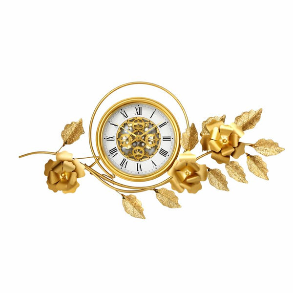Large Gold Metal Wall Clock, Floral Botanical Silent Clock, 42 inch Vertical Horizontal Orientation-Sona Casa
