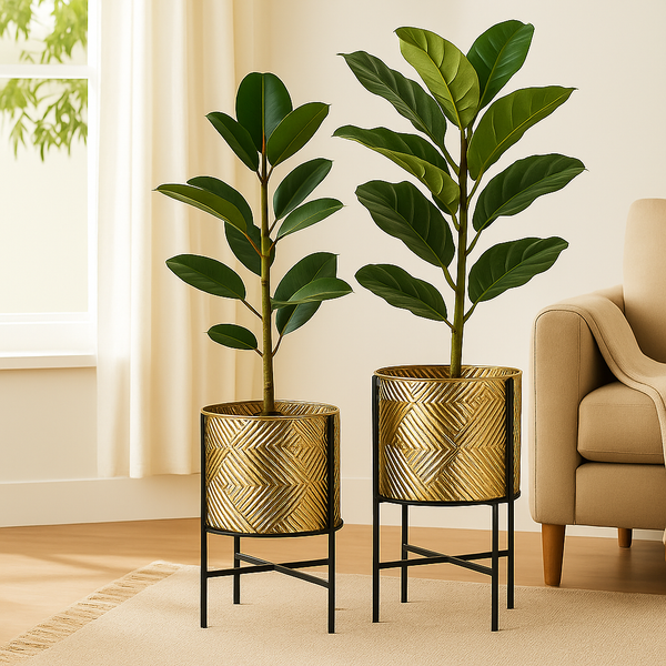 Rustic Golden Planters, Textured Foil Surface, Metal Plant Pots Pair with Black Stand, Unique Indoor Decor Gifts-Sona Casa