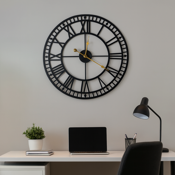 Oversized Round Metal Wall Clock, Large 32" Black Roman Numeral Silent Non Chime Clock, Home Office Decor-Sona Casa
