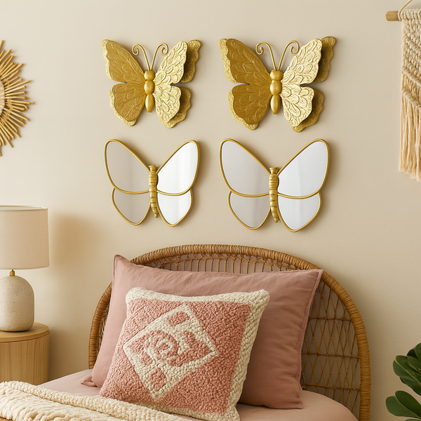 4 Piece Gold Butterfly Wall Decor Set, 3D Metallic Wall Sculpture & Mirrored Accents, Modern Glam Home Decor for Bedroom, Living Room, Nursery-Sona Casa