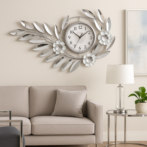 Large Silver Metal Wall Clock, Modern Floral Quartz Decor for Living Room & Home, Analog Decorative Clock-Sona Casa