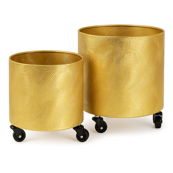 Gold Metal Foil Planters Set with Wheels and Drain Plug, Indoor Pot for Fresh or Faux Plants Home Decor Gift-Sona Casa