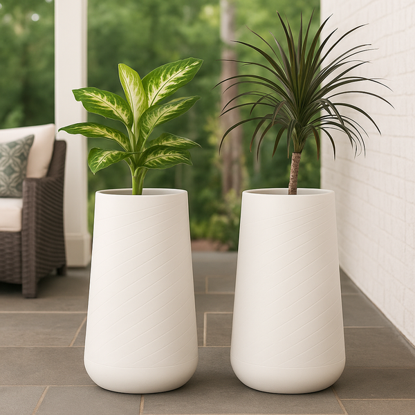 Set of 2 Tall White Indoor Self Watering Decorative Planter, 27" Modern Minimalist Flower Pot Home, Front Porch, Patio, Backyard & Garden Decor-Sona Casa