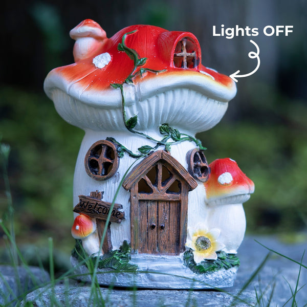 Enchanted Red & White Polyresin Mushroom House Solar Light, Whimsical Outdoor Garden Decor & Fairy Statue by Sona Casa
