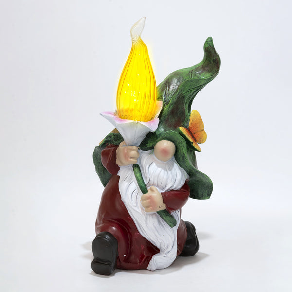 Polyresin Gnome Solar LED Torch Flame, 12" Garden Figurine Outdoor Decor by Sona Casa