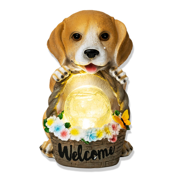 Brown Polyresin Dog Statue With Solar Garden Light And Welcome Basket by Sona Casa
