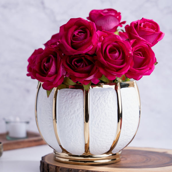 White Ceramic Bowl, Textured Bowl with Golden Stripes, Tabletop Decor Bowl, Fresh Flower Vase for Kitchen Countertop, Dining Table, Bathroom, Entryway, Corridor by Sona Casa