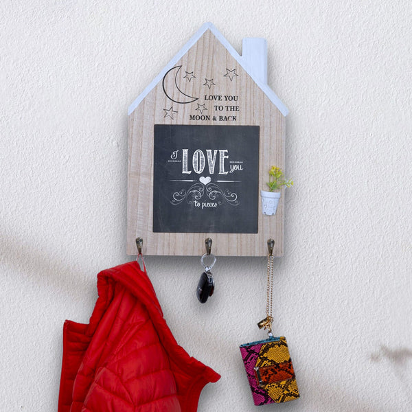 Rustic Brown Black Wooden Key Rack, 17" Wall Mount Entryway 3-Hook Organizer with Chalkboard by Sona Casa