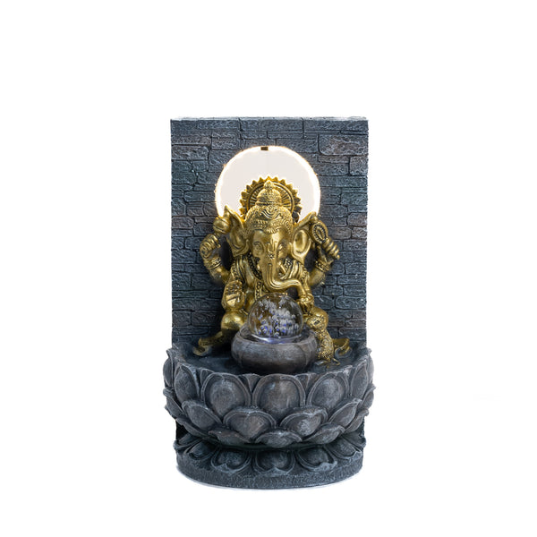 Indoor Waterfall with Golden Ganesha Statue, Lights, Crystal Ball, Polyresin Tabletop Fountain, Desktop Water Fountain, Home or Office Decor 12 inch 31 cm by Sona Casa
