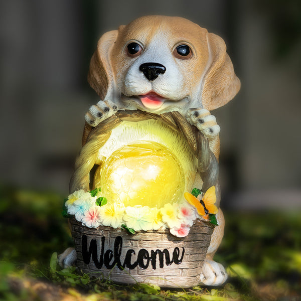 Brown Polyresin Dog Statue With Solar Garden Light And Welcome Basket by Sona Casa
