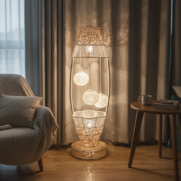 Tall LED Floor Lamp with Off White Cane Balls, Handmade Modern Decorative Accent, Ambient 4 LED Bulbs, Home Decor-Sona Casa