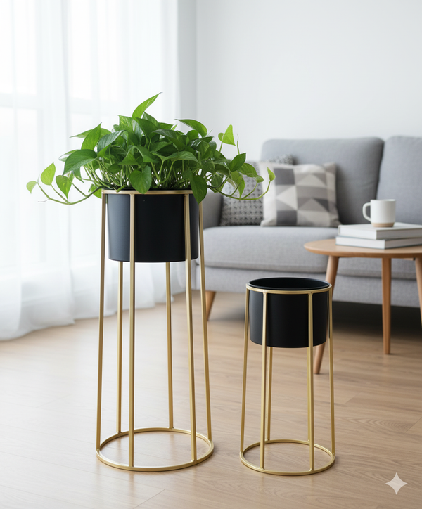 Contemporary Indoor Black Metal Pots Set with Golden Stand for Fresh or Faux Plants Living Room Office Decor, Gifts-Sona Casa