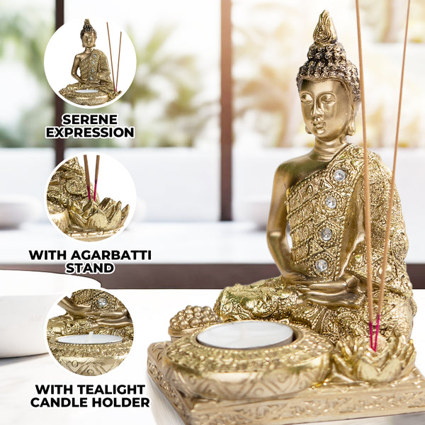 Golden Buddha Statue & Incense Holder, 6" Tabletop Decor by Sona Casa