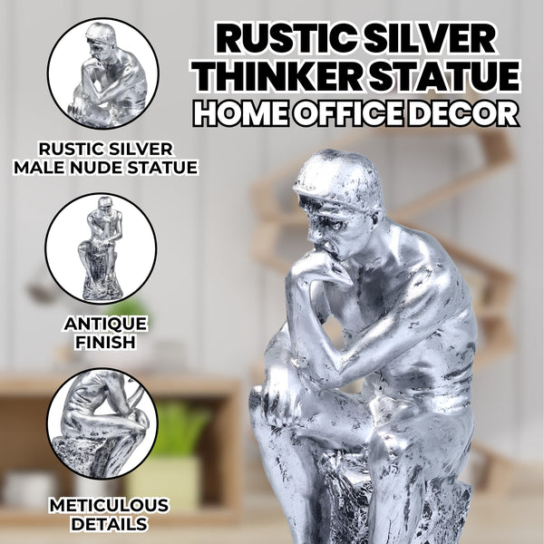 Rustic Silver Male Nude Statue, 10" Rodin's The Thinker Table Decor by Sona Casa
