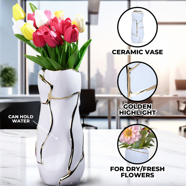 Abstract White Ceramic Golden Lines Vase - Elegant Table Centerpiece For Fresh & Faux Flowers by Sona Casa