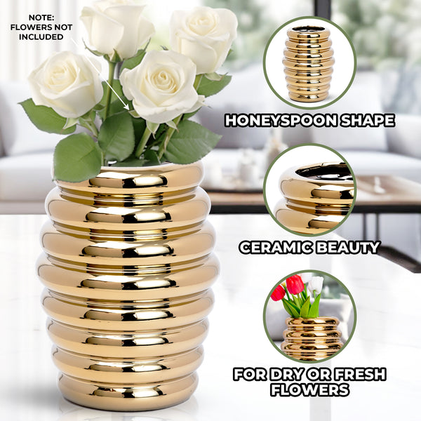 Golden Ceramic Honey Spoon Vase, 8" Modern Flower Vase Decor, Fresh or Fake Florals, Gift for Mom by Sona Casa