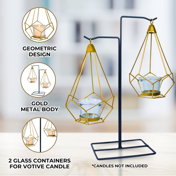 Gold Candle Holder, Metal Frame, 2 Glass Containers, 14" Home Decor by Sona Casa