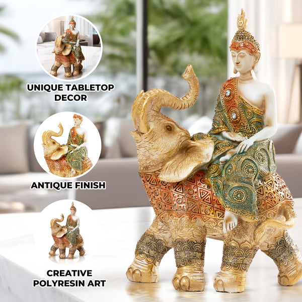 Buddha Statue on Elephant Figurine, 10" Tabletop Decor for Meditation Room by Sona Casa