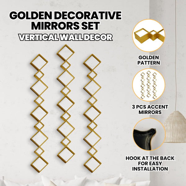 Golden Accent Mirror Set of 3, 35" Home or Office Wall Decor-Sona Casa