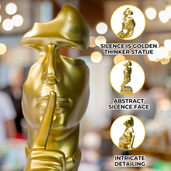 Abstract Silence is Golden, Silence Face Thinker Statue, Gold Polyresin Art Home or Office Decor 12 inch 31 cm by Sona Casa