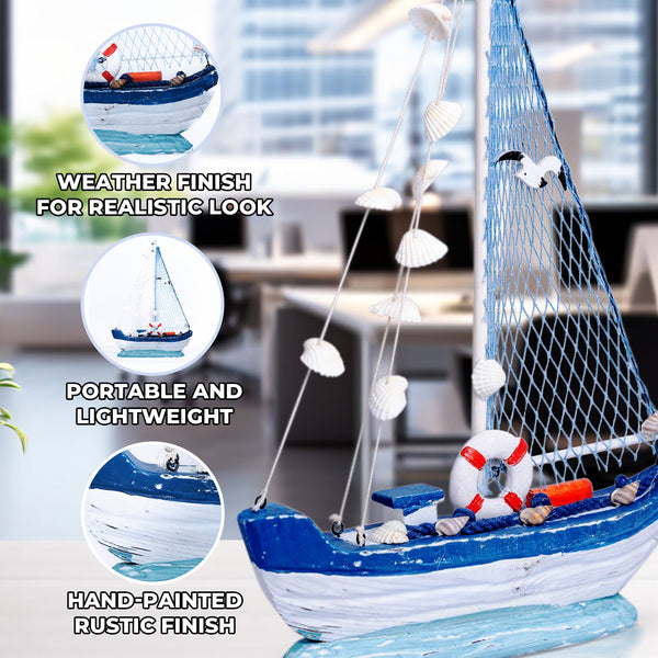 Handmade Wooden Sailboat, 15" Nautical Table Sculpture, Rustic Boat Model, Desk Shelf Decor, Gifts by Sona Casa