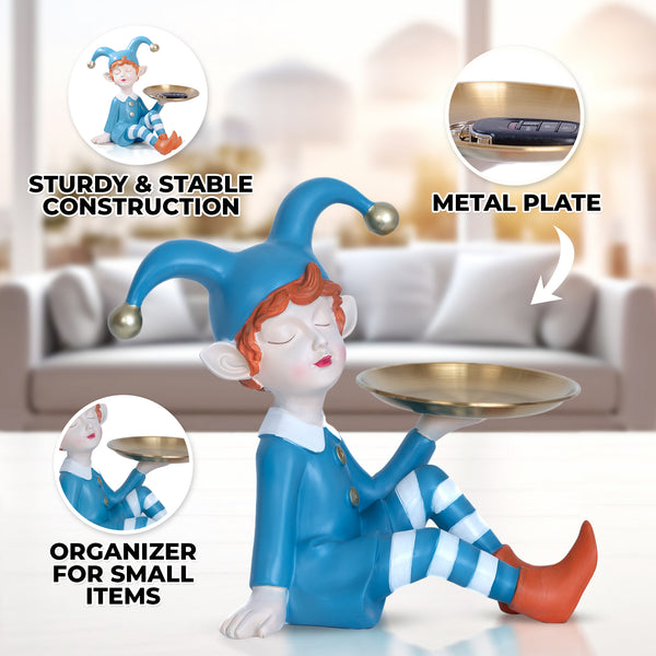 Blue 11" Elf Statue Organizer, Golden Decorative Metal Tray for Table, Desk, Shelf, Figurines for Home Office,Unique Gifts by Sona Casa