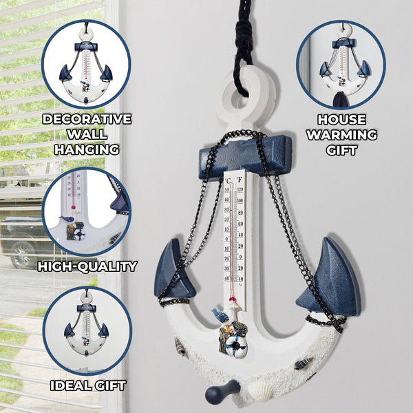 Anchor Wall Mount Coat Rack, Hook & Built-In Thermometer, 13" Rustic Ocean, Beach Themed Decor, Nautical Gifts by Sona Casa
