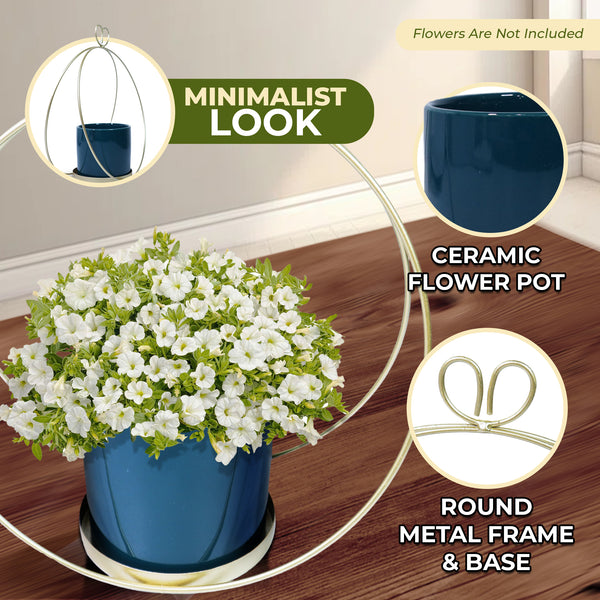 Small Ceramic Flower Pot, Golden Metal Frame, 9" Living Room, Home Decor by Sona Casa