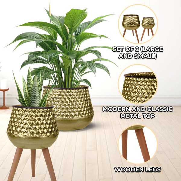 Golden Plant Container Set of 2, 26" Large 19" Small Metal Planters Decor by Sona Casa