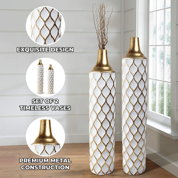 2 Piece White Gold Tall Vases, Indoor Decorative Vases for Living Room, Hallway, Home Decor Large 32 inch Medium 28 inch by Sona Casa