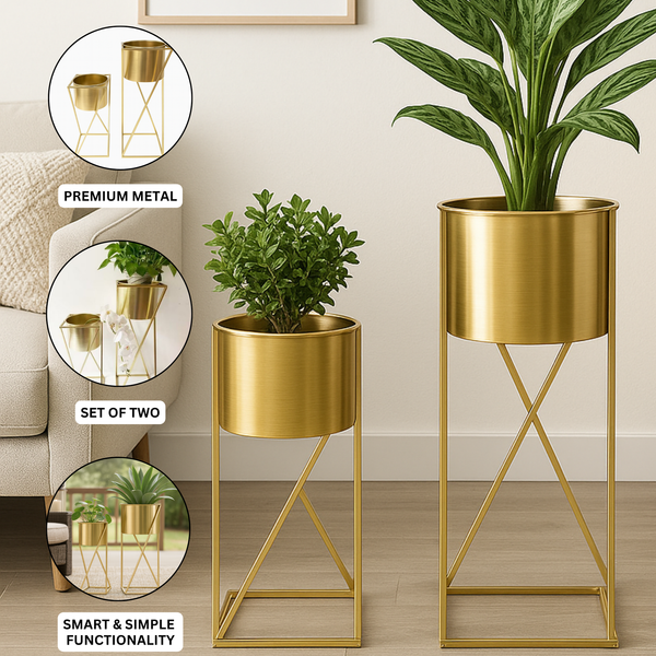 Modern Gold Planter Set with Stands, Set of 2 Tall Metal Indoor Plant Pots for Home, Office, Living Room Decor-Sona Casa