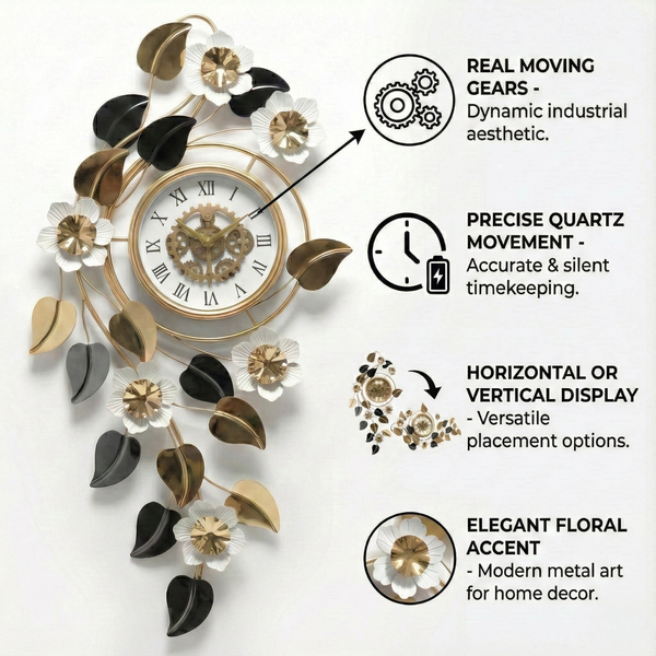 Large Elegant Wall Clock with Quartz Movement, Gold White Silver Floral Design Horizontal or Vertical Modern Decorative Home Accent Clock-Sona Casa