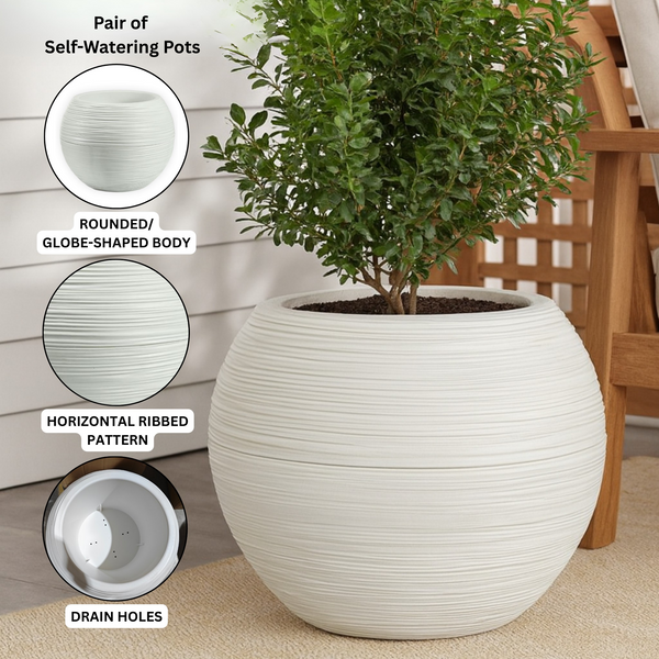 Set of 2 Round White Self Watering Plant Pot, Indoor Home, Office, Patio, Front Porch Decor, 18" Succulent Planter-Sona Casa