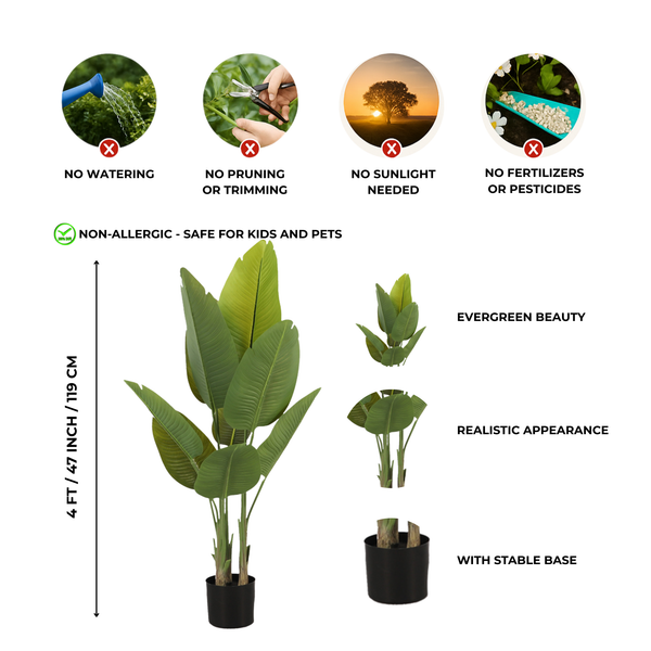 Large Artificial Bird of Paradise, 47" Fake Plant with Cement Base, Indoor Outdoor Living Room, Porch, Patio, Home Decor Gifts-Sona Casa