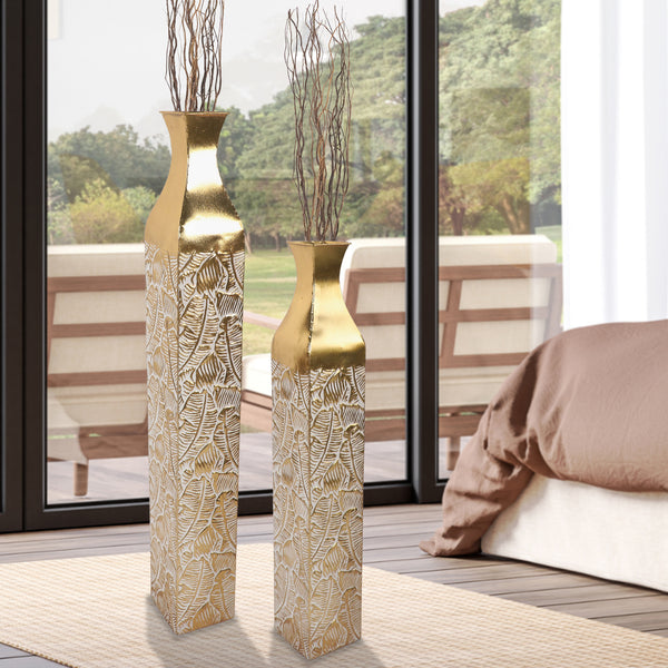 Modern Decorative Metal Tall Vase, Rustic Weathered Finish, Handmade Gold Living Room Decor, 42" and 35" Pots for Pampas Grass-Sona Casa